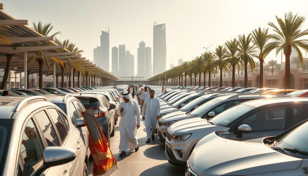 A bustling car market in Saudi Arabia, with rows of gleaming vehicles on display. Sunlight filters through the open-air stalls, casting warm shadows on the polished exteriors. Prospective buyers stroll through the aisles, examining the latest models and negotiating prices with seasoned salespeople. The air is alive with the hum of engines and the chatter of negotiations. In the background, towering skyscrapers and palm trees frame the scene, reflecting the country's modern and vibrant automotive industry. The atmosphere is one of excitement and opportunity, as buyers seek the best deals on their dream cars.