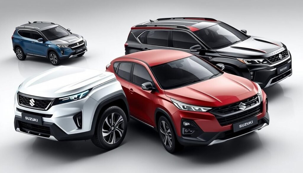 A detailed, sleek and modern 3D render of the latest lineup of Suzuki vehicles, showcasing their contemporary design, advanced features, and technological innovations. The scene should be set in a clean, well-lit studio environment, with the cars prominently displayed against a minimalist backdrop. Capture the vehicles from various angles, highlighting their aerodynamic silhouettes, bold grille designs, and distinctive lighting elements. Emphasize the high-quality materials, precise craftsmanship, and attention to detail that define Suzuki's engineering prowess. The overall mood should convey a sense of sophistication, precision, and cutting-edge automotive technology.