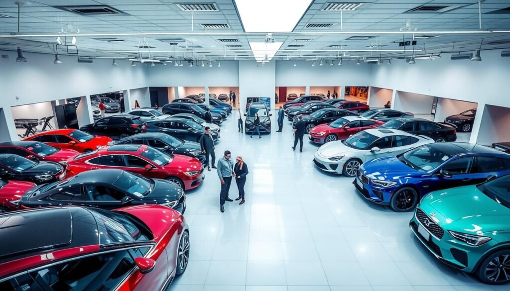 A dynamic showroom interior showcasing a diverse array of modern automobiles. Bright overhead lighting illuminates the sleek, polished vehicles arranged in an eye-catching display. The foreground features a selection of sedans, SUVs, and sports cars in vibrant colors, their reflective surfaces capturing the room's ambient glow. In the middle ground, customers explore the models, examining the features and amenities. The background reveals a spacious, minimalist showroom design with clean lines and neutral tones, creating a sophisticated, high-end ambiance conducive to the automotive shopping experience.
