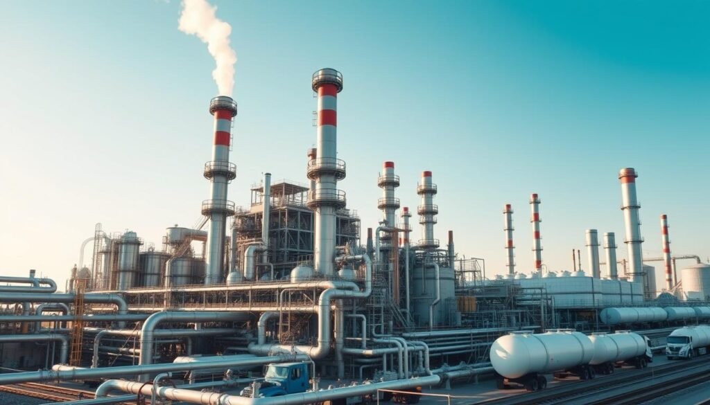 A large industrial plant against a backdrop of a clear blue sky. The foreground features a complex network of pipes, valves, and storage tanks, conveying the intricate processes involved in refining crude oil into high-quality automotive fuel. Towering smokestacks emit wisps of steam, while workers in protective gear move about the facility, monitoring the various stages of production. The middle ground showcases the transportation infrastructure, with tanker trucks and railways transporting the finished fuel to distribution centers. The overall scene conveys a sense of scale, efficiency, and the precision required to manufacture the fuels that power our vehicles.