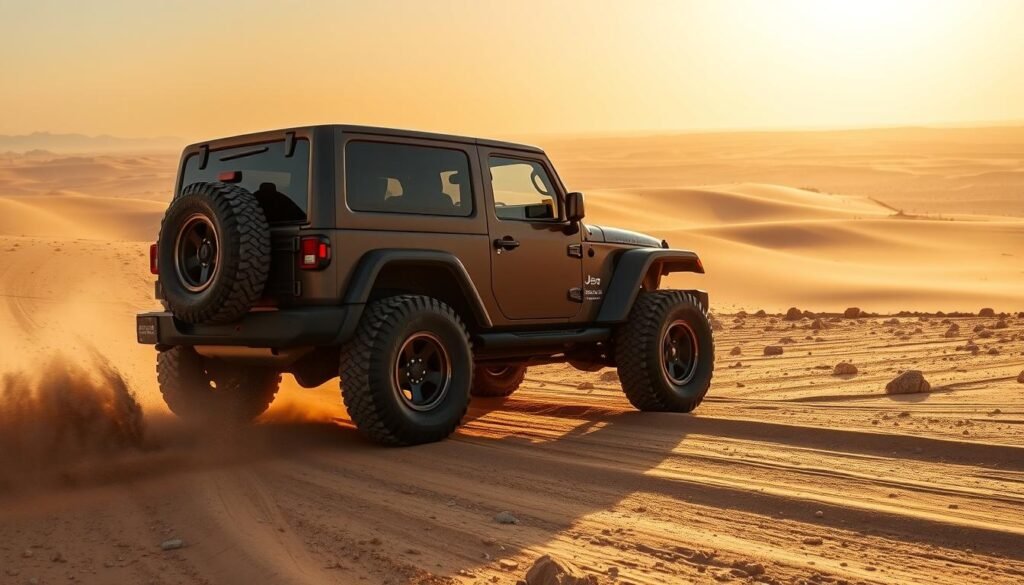 A rugged Jeep SUV navigating through the expansive, sun-drenched Saudi Arabian landscape. The vehicle's bold, muscular frame stands in contrast to the rolling dunes and rocky terrain. Soft, warm light filters through the dusty air, casting long shadows across the ground. The Jeep's off-road tires grip the uneven surface, their deep treads kicking up small clouds of sand. In the distance, the horizon is punctuated by the silhouettes of distant mountains. This scene captures the Jeep's capability and versatility, perfectly suited for traversing the diverse and challenging roads of Saudi Arabia.