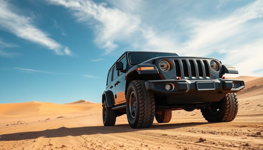 A rugged, off-road Jeep SUV parked on a dusty desert road, surrounded by rolling sand dunes and a cloudless blue sky. The vehicle's iconic boxy silhouette and bold, angular design stand out against the serene landscape. Sunlight casts warm highlights on the Jeep's muscular fenders and grill, emphasizing its sturdy, capable appearance. The Jeep's tall stance and knobby tires suggest its prowess in tackling challenging terrain. In the foreground, the Jeep's polished chrome accents and bold branding convey a sense of adventure and exploration, hinting at the versatility that sets it apart from other SUVs.