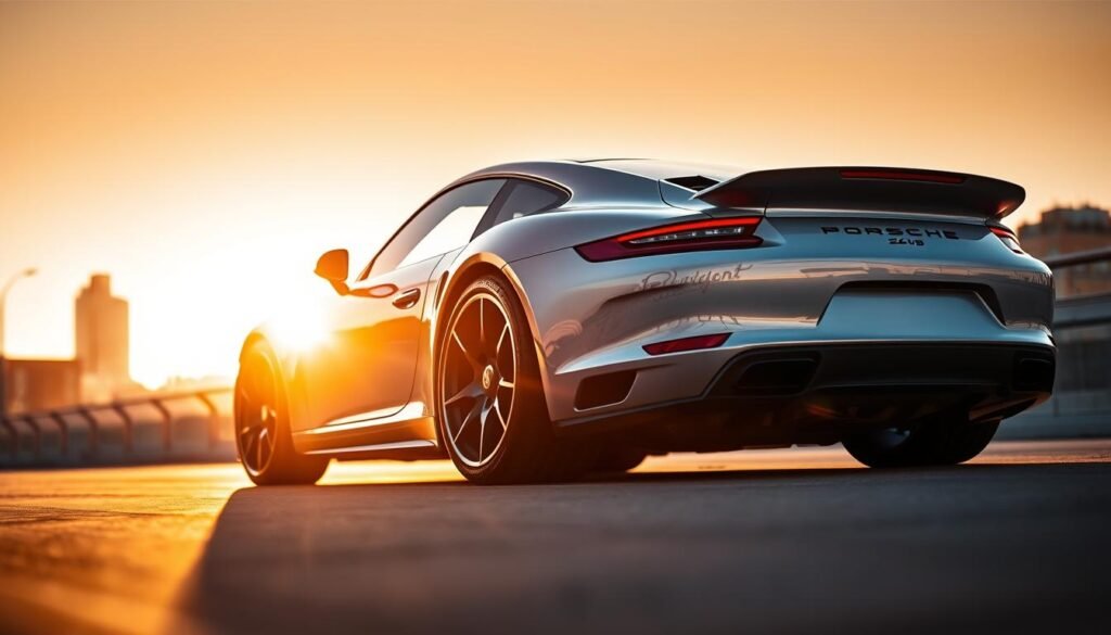 A sleek, aerodynamic Porsche sports car in a dramatic, low-angle perspective. The vehicle is illuminated by warm, golden light, casting long shadows that accentuate its muscular curves and sharp contours. The background is a blurred, urban cityscape, hinting at the car's high-performance capabilities. The composition emphasizes the Porsche's elegant design, engineering prowess, and the thrill of driving, capturing the essence of this iconic automotive brand.