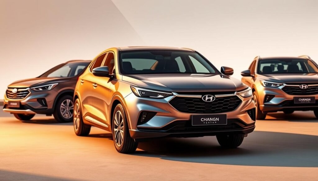 A sleek and modern fleet of Changan vehicles, showcasing the brand's distinctive design language. In the foreground, a mid-size sedan with a bold, angular front fascia and streamlined silhouette, reflecting Changan's commitment to style and sophistication. In the middle ground, a compact SUV with muscular proportions and a confident stance, projecting an image of capability and adventure. In the background, a larger sedan with a refined, elegant appearance, hinting at Changan's expanding product lineup. The lighting is warm and inviting, casting a subtle glow across the vehicles, accentuating their sculpted surfaces and attention to detail. The overall scene conveys Changan's evolution as a brand, blending modern design, quality, and a growing range of offerings to cater to diverse customer preferences.