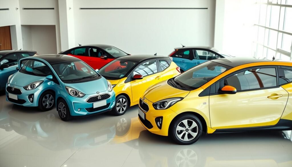 A small fleet of compact and fuel-efficient cars parked in a spacious showroom in Saudi Arabia. The cars are displayed in a well-lit, minimalist setting, allowing their sleek designs and vibrant colors to shine. The scene conveys a sense of modernity and practicality, highlighting the appeal of these vehicles for urban commuters and city dwellers. The cars are positioned at various angles, creating a dynamic and visually engaging composition. The background features clean lines and neutral tones, placing the focus on the cars themselves. The overall atmosphere suggests a comfortable and inviting shopping experience for potential buyers.