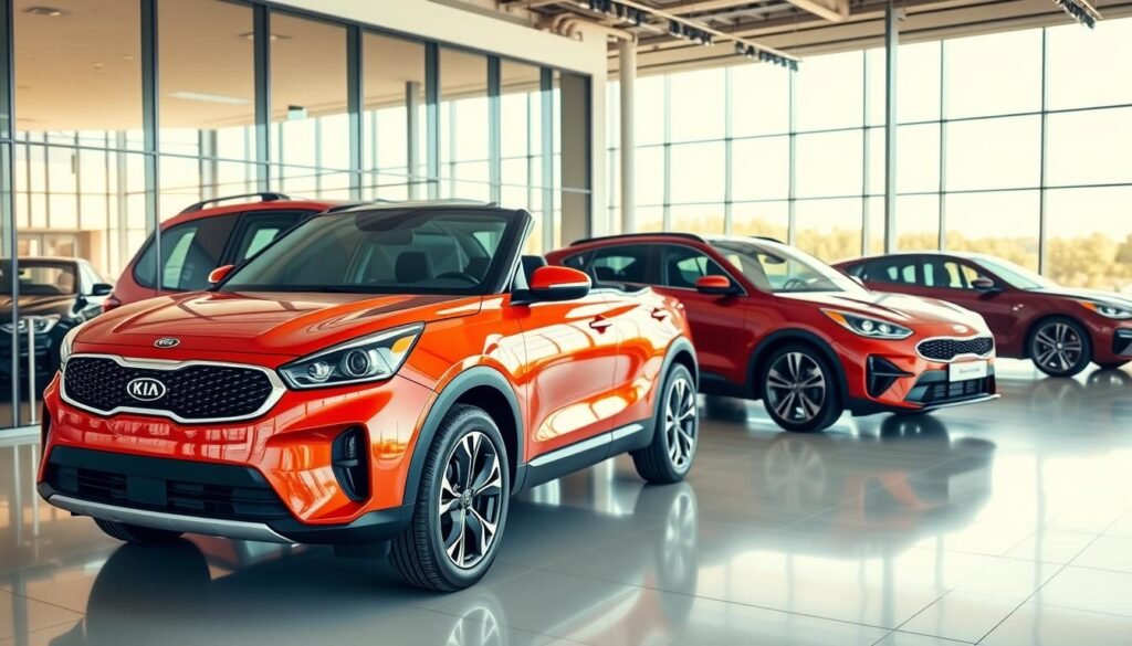 A stunning array of Kia vehicles, showcased in a sleek and modern automotive showroom. The foreground features a gleaming Kia Sorento SUV, its bold design and vibrant color scheme commanding attention. In the middle ground, a Kia Stinger sports sedan stands proud, its aerodynamic silhouette and sporty accents hinting at its impressive performance capabilities. The background reveals a panoramic view of the showroom, with floor-to-ceiling windows that flood the space with warm, natural lighting, creating a welcoming and sophisticated ambiance. The overall scene captures the refined elegance and technological prowess that define the Kia brand, making it the ideal choice for discerning drivers.