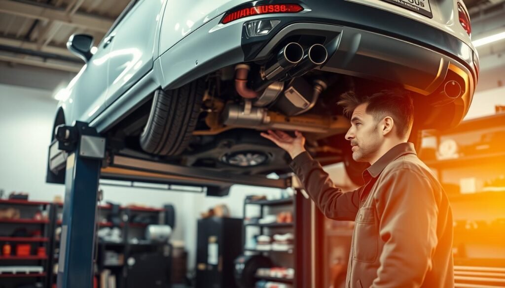 A well-lit auto repair garage interior, with a mechanic attentively inspecting the undercarriage of a sedan on a hydraulic lift. The scene conveys a sense of diligence and care, with the mechanic's focused expression and the array of specialized tools on the workbench. Warm, golden lighting bathes the scene, creating a sense of professionalism and expertise. The background features neatly organized shelves of automotive parts and accessories, suggesting a comprehensive service facility. The image emphasizes the importance of routine vehicle maintenance and inspections for safe and reliable transportation.