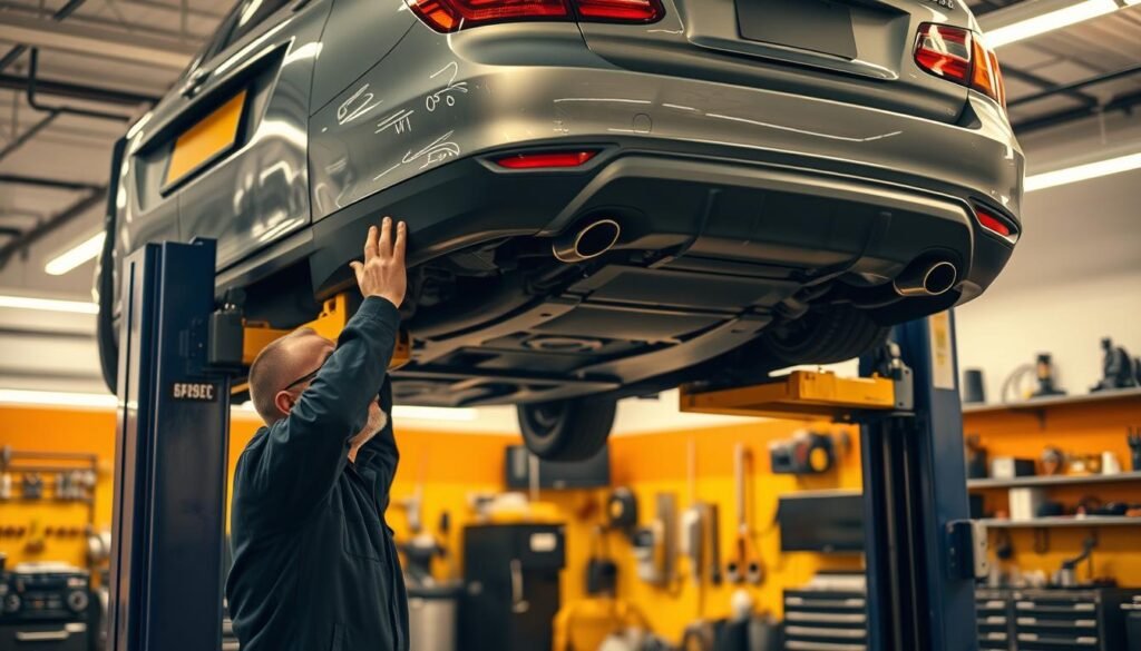 A well-lit auto repair shop interior, with a mechanic in the foreground inspecting the undercarriage of a mid-size sedan raised on a hydraulic lift. Numerous tools and diagnostic equipment in the background, conveying a sense of professional expertise. Warm, amber lighting casts a cozy glow, while the overall composition suggests a methodical, thorough vehicle inspection process. The scene should evoke a feeling of trust and confidence in the routine maintenance of one's automobile.