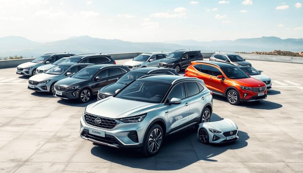 a high-resolution, detailed, and realistic image of a fleet of Changan brand automobiles in a dynamic outdoor environment. The cars should be showcased in a well-lit setting, with a clean and modern aesthetic. Capture various Changan models, such as sedans, SUVs, and crossovers, from different angles to highlight their distinctive design features and technical specifications. The image should convey a sense of sophistication, performance, and the latest automotive technology employed by the Changan brand. Ensure the composition balances the vehicles, the surrounding landscape, and any relevant technical details to create a visually striking and informative illustration.