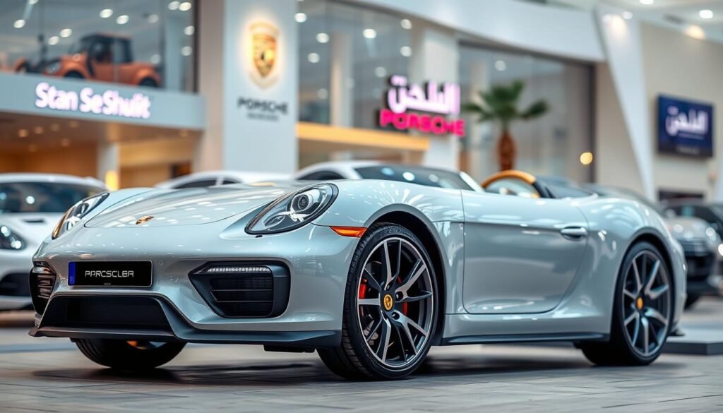 صورة لسيارة بورش أمام معرض سيارات في السعودية