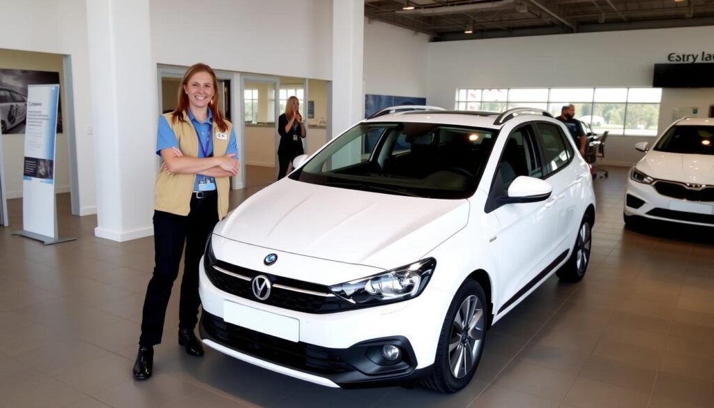 صورة لسيارة معروضة في صالة العرض مع موظف خدمة عملاء