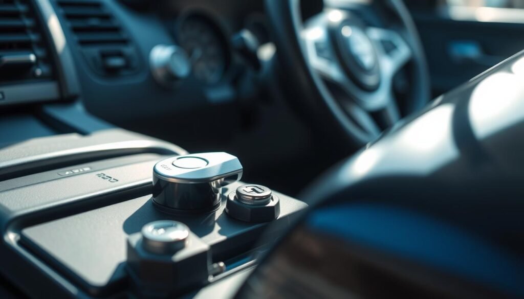 A close-up view of a car's ignition system, showing the key inserted and turned, starting the engine. The scene is brightly lit, with soft shadows and reflections on the metal surfaces, conveying a sense of power and reliability. The dashboard and steering wheel are visible in the background, emphasizing the car's readiness for operation. The overall composition highlights the importance of the battery in the car's functioning, supporting the article's focus on the role of car batteries.
