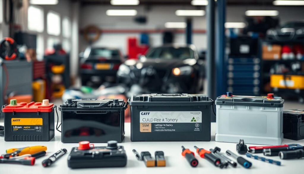 A detailed composition showcasing an assortment of car batteries. In the foreground, a variety of battery types are displayed, including lead-acid, lithium-ion, and AGM batteries, each with their unique sizes, shapes, and color schemes. The middle ground features a clean, well-lit workspace with tools and accessories related to battery maintenance and installation. In the background, a blurred automotive workshop setting, conveying a sense of professionalism and expertise. The overall lighting is soft and evenly distributed, creating a balanced and visually appealing scene. The composition emphasizes the diversity of car battery options, inviting the viewer to consider the best choice for their vehicle.
