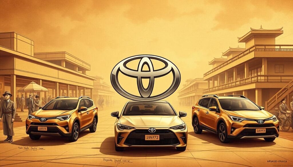 A detailed, historical illustration of the Toyota Motor Corporation's founding and evolution. Showcase the company's origins in the early 20th century, transitioning from a loom manufacturer to an innovative automotive pioneer. Depict the key milestones - from Sakichi Toyoda's first automobile in 1935 to the global expansion and technological advancements that shaped Toyota's rise to prominence. Render the scene with a warm, sepia-toned palette, utilizing realistic textures and lighting to convey a sense of timeless legacy. Position the Toyota logo prominently yet subtly, framed by iconic vehicles from different eras to narrate the brand's storied journey. Maintain a balanced composition that seamlessly blends past and present, reflecting Toyota's enduring legacy of quality, reliability, and continuous improvement.