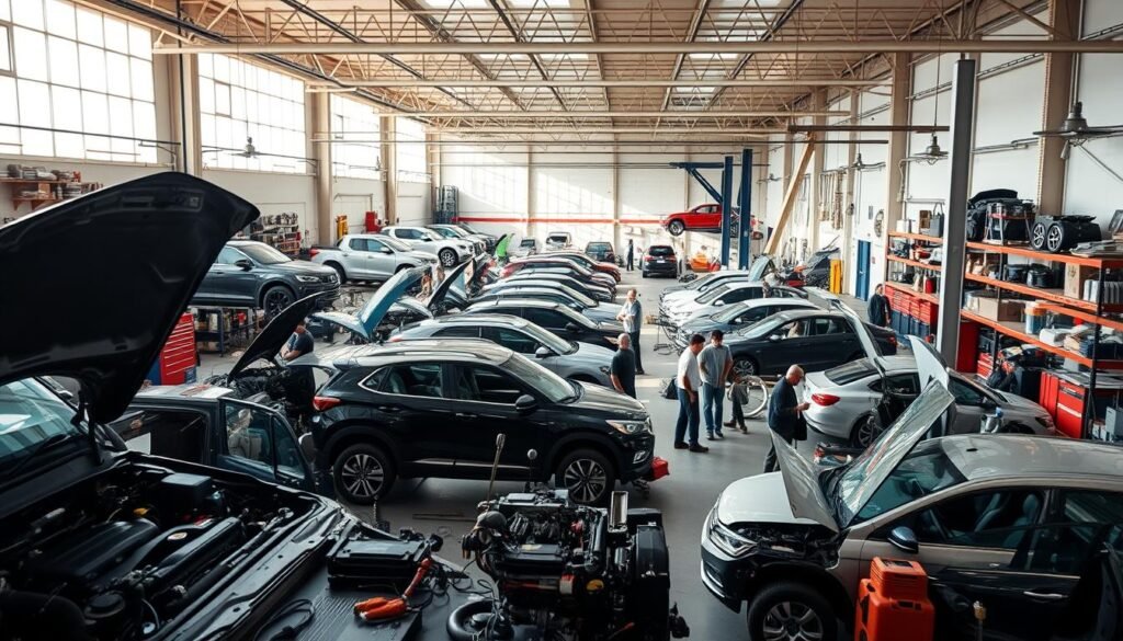 A large, well-equipped automotive repair workshop with a spacious, well-lit interior. Numerous vehicles in various stages of repair and maintenance are visible, with mechanics diligently working on them. The workshop is filled with the sounds of power tools, the scent of engine oil, and the focused activity of the skilled technicians. Shelves along the walls are stocked with an array of parts, tools, and diagnostic equipment. Natural light streams in through large windows, creating a warm and productive atmosphere. The overall scene conveys a sense of expertise, efficiency, and a commitment to providing comprehensive automotive services.