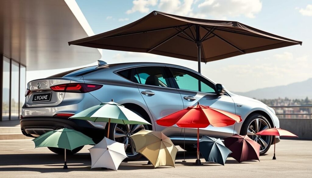 A modern, sleek car parked in a sunny outdoor setting, with an array of car sunshades and umbrellas displayed in the foreground. The sunshades come in various colors, sizes, and designs, highlighting the key factors that influence the choice of the right car sunshade, such as sun protection, ventilation, aesthetics, and compatibility with the vehicle. The background showcases a vibrant cityscape or natural landscape, creating an inviting and aspirational atmosphere. The lighting is natural, with soft shadows and highlights that accentuate the details of the car and the sunshades. The camera angle is slightly elevated, providing a clear view of the car and the sunshade options.