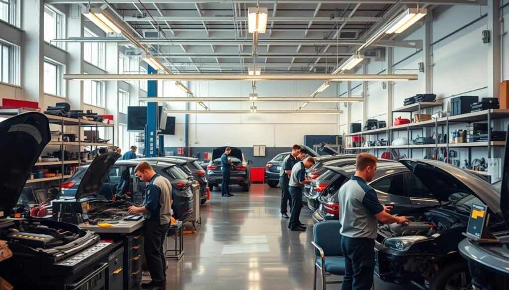 A modern, well-organized auto repair workshop interior. Bright, spacious room with high ceilings and plenty of natural light. Rows of workbenches with various tools and equipment neatly arranged. Shelves lining the walls stocked with car parts and supplies. Mechanics in uniform diligently working on vehicles, their focused expressions captured in a cinéma vérité style. Overhead, industrial lighting casts an even glow, complemented by strategically placed task lighting. The atmosphere is one of efficiency, professionalism, and a commitment to delivering high-quality automotive services.