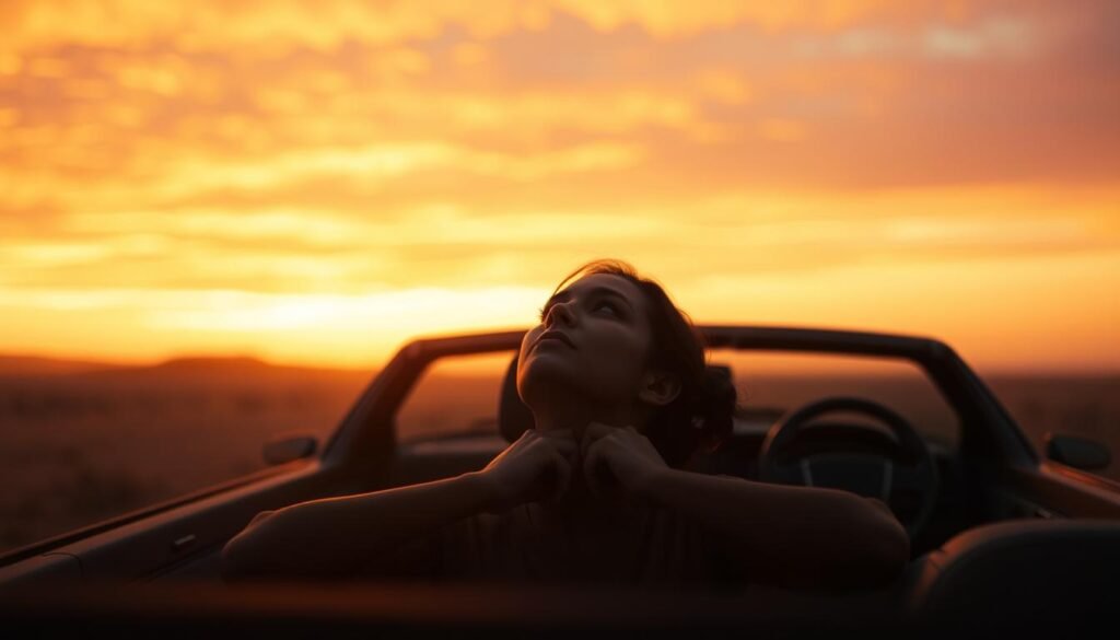 A serene, contemplative scene set against a warm, golden sunset. In the foreground, a person sits calmly in a car, hands resting on the steering wheel, eyes gazing upwards with an expression of deep trust and reliance on the divine. The car is rendered in a soft, muted palette, with subtle details that suggest a journey. The background features a vast, open sky filled with hues of orange, pink, and purple, conveying a sense of expansiveness and the presence of a higher power. The lighting is soft and diffused, creating a tranquil, almost ethereal atmosphere. The overall composition radiates a sense of peace, security, and unwavering faith in God's care during the journey of life.
