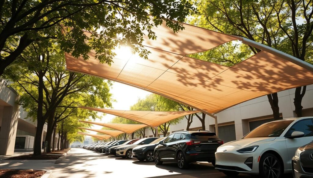 A sun-dappled street with modern cars parked beneath stylish canopies that shield them from the scorching rays. Sleek, minimalist designs in neutral tones gracefully blend into the urban landscape. Soft shadows dance across the vehicles, creating a serene, protective atmosphere. The canopies are angled to maximize coverage, their clean lines and elegant curves evoking a sense of contemporary sophistication. Dappled light filters through the structures, creating a warm, inviting ambiance that emphasizes the importance of shielding cars from the sun's intense glare and heat. The scene conveys the practical benefits of such car shade solutions while also suggesting their aesthetic appeal within a modern, well-designed setting.