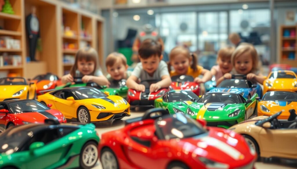 A vibrant and colorful display of children's cars, showcasing a variety of models and styles. The foreground features several sleek, miniature vehicles, each with intricate details and bright, eye-catching designs. In the middle ground, a group of enthusiastic children play and explore the cars, their expressions filled with delight and wonder. The background is a warm, inviting setting, perhaps a toy store or a playground, with soft lighting and a subtle sense of movement to create a lively, engaging atmosphere. The overall composition conveys a sense of joy, imagination, and the pure excitement of children exploring their own personal modes of transportation.