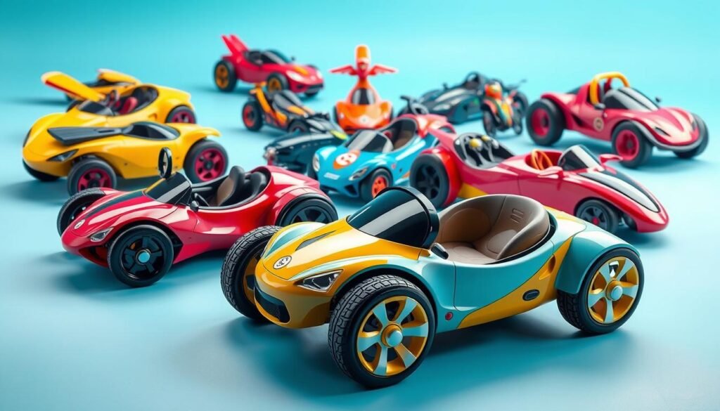 Innovative and whimsical children's car designs, showcasing a vibrant collection of playful, imaginative vehicles. Varied shapes and sizes, from compact roadsters to larger, fantastical models. Bright, cheerful colors dance across sleek, sculptural forms, hinting at speed and adventure. Charming details like oversized wheels, playful decals, and futuristic elements capture the boundless creativity of young minds. Carefully lit to highlight the dynamic compositions, the scene evokes a sense of childlike wonder and excitement. The overall mood is one of pure, unbridled joy, inviting the viewer to step into a whimsical world of mobility designed just for kids.