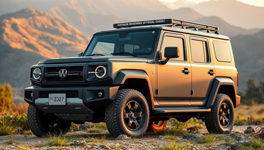 A Chinese off-road vehicle prominently displayed in a natural setting, with lush vegetation and a serene mountain backdrop. The vehicle's bold and angular design exudes a sense of ruggedness and capability, complemented by a warm, golden-hour lighting that casts dramatic shadows across its surfaces. The image captures the vehicle's imposing presence and the adventurous spirit it embodies, inviting the viewer to imagine the thrilling experiences and versatility it offers compared to other mainstream SUV models.
