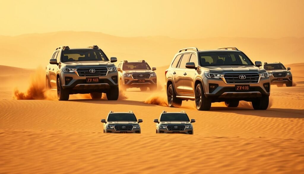 A fleet of rugged Chinese SUVs navigating the expansive deserts of Saudi Arabia. Imposing chrome grilles and boxy silhouettes stand tall against a hazy, golden sky. Massive off-road tires churn up plumes of sand as the vehicles traverse the undulating terrain. In the foreground, a group of these capable 4x4s are parked, their LED headlights casting long shadows across the dunes. The scene exudes a sense of adventure and the ability to conquer any landscape, capturing the growing presence of Chinese automotive brands in the global market.