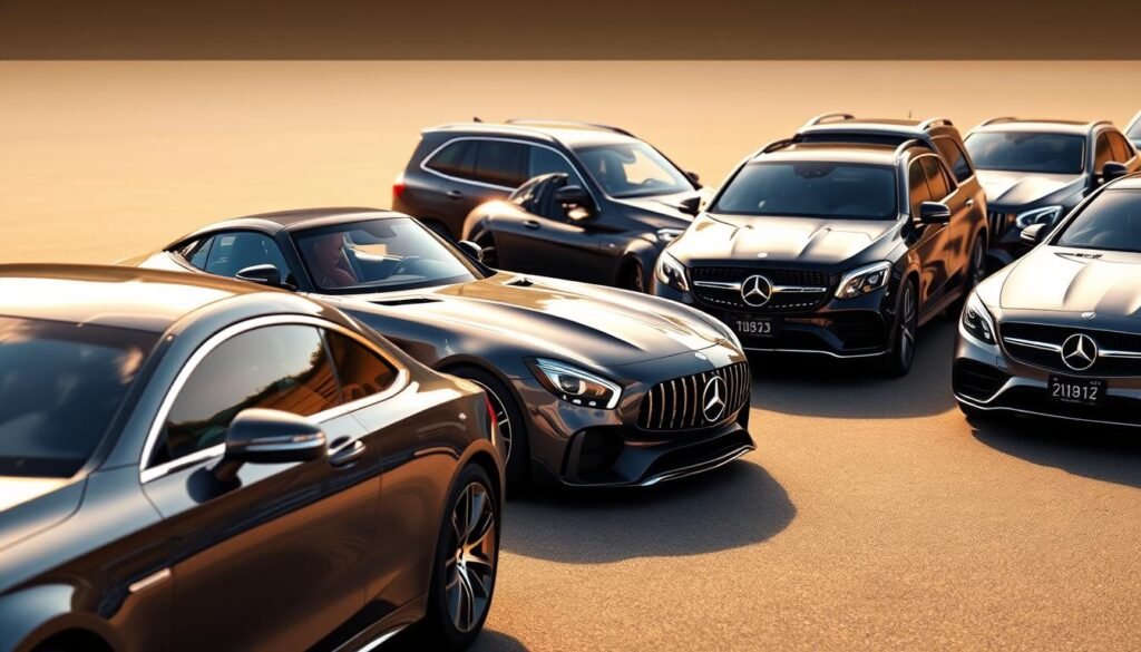A fleet of sleek and sophisticated Mercedes-Benz vehicles, showcasing the brand's diverse lineup. In the foreground, a gleaming S-Class sedan exudes elegance, its chrome accents and aerodynamic silhouette catching the light. In the middle ground, a powerful AMG GT roadster with its aggressive styling and sculpted body commands attention. Further back, a spacious GLS SUV and a dynamic C-Class coupe complete the scene, each model reflecting Mercedes' uncompromising engineering and timeless design. The lighting is warm and natural, highlighting the vehicles' lustrous finishes and creating an atmosphere of luxury and sophistication. The camera angle is slightly elevated, allowing the viewer to appreciate the harmonious interplay of these diverse Mercedes-Benz models. A fleet of sleek and sophisticated Mercedes-Benz vehicles, showcasing the brand's diverse lineup. In the foreground, a gleaming S-Class sedan exudes elegance, its chrome accents and aerodynamic silhouette catching the light. In the middle ground, a powerful AMG GT roadster with its aggressive styling and sculpted body commands attention. Further back, a spacious GLS SUV and a dynamic C-Class coupe complete the scene, each model reflecting Mercedes' uncompromising engineering and timeless design. The lighting is warm and natural, highlighting the vehicles' lustrous finishes and creating an atmosphere of luxury and sophistication. The camera angle is slightly elevated, allowing the viewer to appreciate the harmonious interplay of these diverse Mercedes-Benz models.