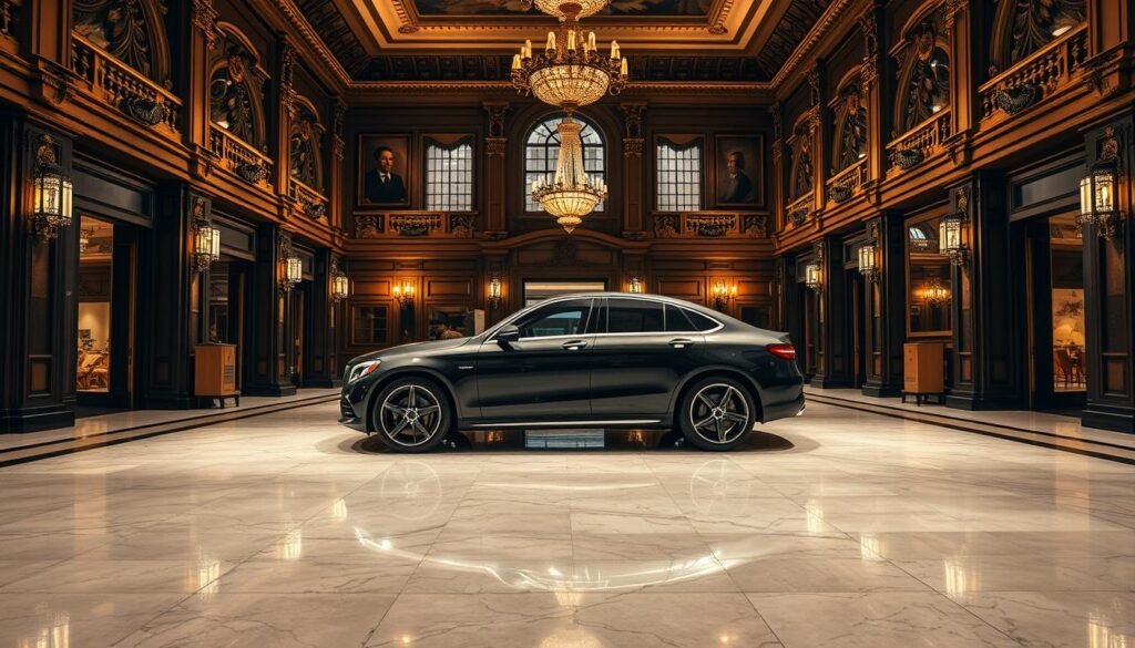 A grand, ornate showroom in a classic European architectural style, illuminated by warm, golden lighting. The floor is polished marble, and the walls are adorned with elegant, dark wood paneling. In the center stands a meticulously detailed, gleaming Mercedes-Benz sedan, its sleek, streamlined body and chrome accents reflecting the opulent surroundings. The scene conveys a sense of heritage, craftsmanship, and the timeless allure of luxury automotive design. A grand, ornate showroom in a classic European architectural style, illuminated by warm, golden lighting. The floor is polished marble, and the walls are adorned with elegant, dark wood paneling. In the center stands a meticulously detailed, gleaming Mercedes-Benz sedan, its sleek, streamlined body and chrome accents reflecting the opulent surroundings. The scene conveys a sense of heritage, craftsmanship, and the timeless allure of luxury automotive design.
