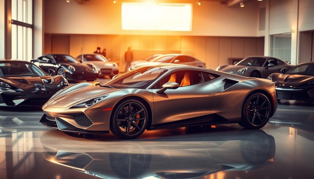 A high-end luxury car showroom bathed in warm, golden light. In the foreground, a sleek, aerodynamic sports car with a glossy, metallic body and sculpted lines that convey power and sophistication. In the middle ground, a selection of other premium vehicles, each showcasing the latest advancements in design, technology, and performance. The background is filled with a sophisticated, minimalist interior, with clean, elegant lines and subtle textures that create a sense of refinement and exclusivity. The scene exudes an aura of refined elegance, cutting-edge innovation, and unbridled luxury, capturing the essence of the world's most prestigious automotive creations. A high-end luxury car showroom bathed in warm, golden light. In the foreground, a sleek, aerodynamic sports car with a glossy, metallic body and sculpted lines that convey power and sophistication. In the middle ground, a selection of other premium vehicles, each showcasing the latest advancements in design, technology, and performance. The background is filled with a sophisticated, minimalist interior, with clean, elegant lines and subtle textures that create a sense of refinement and exclusivity. The scene exudes an aura of refined elegance, cutting-edge innovation, and unbridled luxury, capturing the essence of the world's most prestigious automotive creations.
