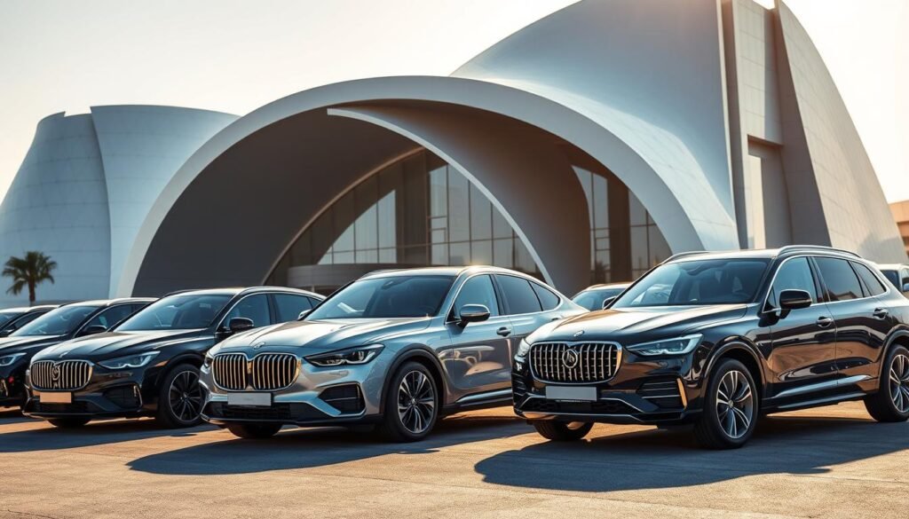 A luxurious fleet of the latest high-end automobiles, gleaming under the warm glow of the Saudi Arabian sun. Meticulously detailed exteriors in a range of bold, sophisticated colors, from sleek midnight black to gleaming chrome. Expansive interiors outfitted with plush leather seating and advanced technology, exuding an air of refined elegance. The vehicles are strategically positioned against a backdrop of modern architectural marvels, reflecting the dynamic and progressive nature of the Saudi automotive landscape. The overall scene conveys a sense of power, prestige, and the pinnacle of automotive indulgence, perfectly encapsulating the importance of owning a premium vehicle in the Kingdom. A luxurious fleet of the latest high-end automobiles, gleaming under the warm glow of the Saudi Arabian sun. Meticulously detailed exteriors in a range of bold, sophisticated colors, from sleek midnight black to gleaming chrome. Expansive interiors outfitted with plush leather seating and advanced technology, exuding an air of refined elegance. The vehicles are strategically positioned against a backdrop of modern architectural marvels, reflecting the dynamic and progressive nature of the Saudi automotive landscape. The overall scene conveys a sense of power, prestige, and the pinnacle of automotive indulgence, perfectly encapsulating the importance of owning a premium vehicle in the Kingdom.