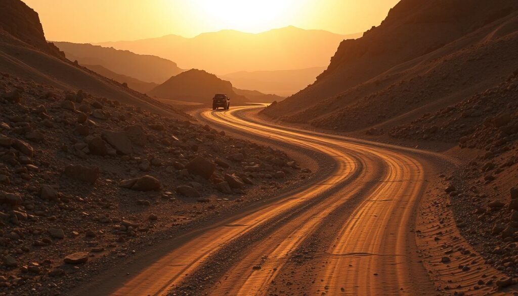 A rugged dirt road winding through a desolate, mountainous landscape in Saudi Arabia. The path is lined with jagged rocks and loose gravel, casting long shadows under a warm, golden sun. In the distance, a lone Suzuki vehicle navigates the challenging terrain with ease, its sturdy frame and capable suspension handling the uneven surface with confidence. The scene conveys the resilience and versatility required for driving in the Kingdom's rough, off-road environments, showcasing why a Suzuki car is the optimal choice for navigating Saudi Arabia's demanding roads.