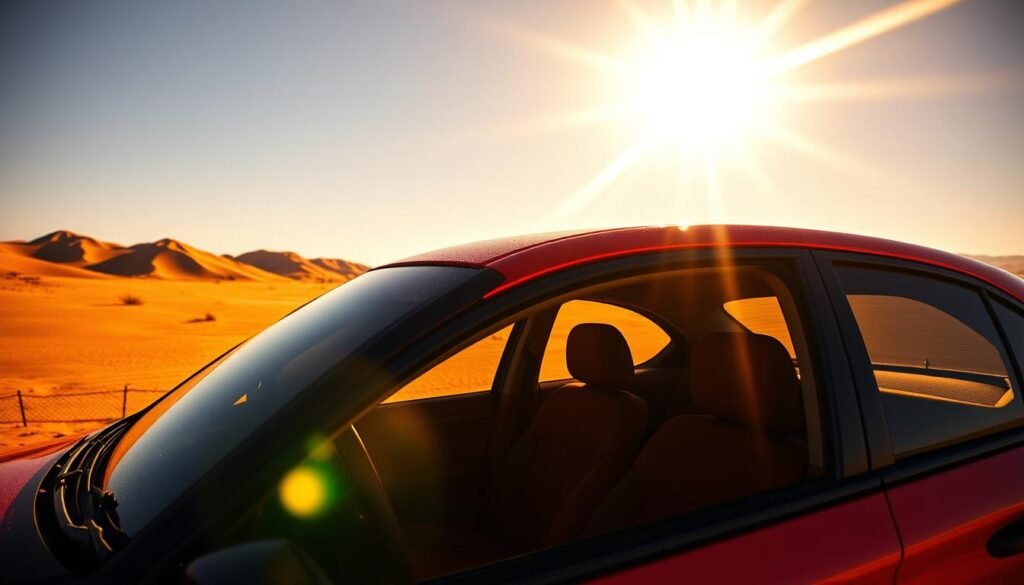 A scorching desert landscape, the sun's harsh rays beaming down upon a parked car. The vehicle's exterior shimmers with intense heat, the air around it wavering. Sunlight glints off the windshield, creating a blinding glare. The car's interior is an oven, the seats searing to the touch. Vibrant, saturated colors depict the sun's unforgiving presence, casting deep shadows and highlights. A sense of oppressive, stifling warmth permeates the scene, emphasizing the importance of effective thermal insulation to protect the car's occupants from the sun's damaging effects.