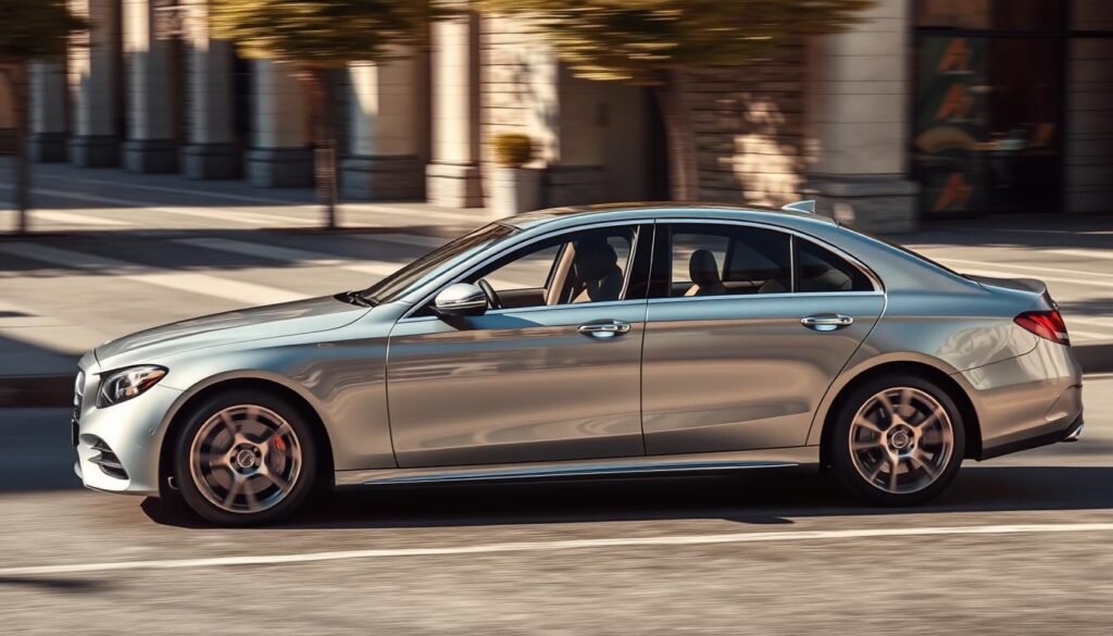 A sleek, mid-range luxury sedan glides down a sun-dappled city street. The metallic silver body gleams, accented by elegant chrome trim and sophisticated alloy wheels. The sedan's muscular yet refined silhouette projects an air of understated opulence. Inside, the cabin exudes a harmonious blend of premium materials, thoughtful ergonomics, and the latest digital technologies. Subtle ambient lighting and a minimalist, uncluttered dashboard contribute to an overall ambiance of refined luxury. Crisp shadows and warm highlights sculpt the sedan's dynamic form, conveying a sense of effortless power and confident poise. The scene evokes the quintessential Mercedes-Benz driving experience - a blend of refined performance, impeccable craftsmanship, and timeless design. A sleek, mid-range luxury sedan glides down a sun-dappled city street. The metallic silver body gleams, accented by elegant chrome trim and sophisticated alloy wheels. The sedan's muscular yet refined silhouette projects an air of understated opulence. Inside, the cabin exudes a harmonious blend of premium materials, thoughtful ergonomics, and the latest digital technologies. Subtle ambient lighting and a minimalist, uncluttered dashboard contribute to an overall ambiance of refined luxury. Crisp shadows and warm highlights sculpt the sedan's dynamic form, conveying a sense of effortless power and confident poise. The scene evokes the quintessential Mercedes-Benz driving experience - a blend of refined performance, impeccable craftsmanship, and timeless design.