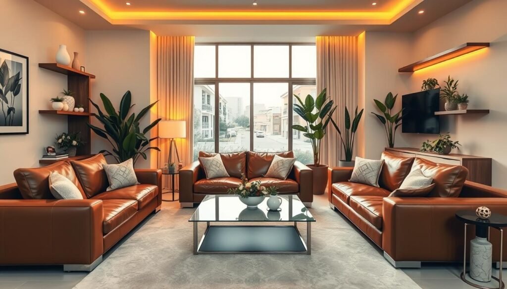 A well-appointed, modern living room in a middle-class Saudi Arabian home. Plush leather sofas in earth tones surround a sleek, glass-topped coffee table. Minimalist artwork and lush houseplants adorn the walls and shelves, creating a cozy, refined atmosphere. Warm, indirect lighting casts a soft glow, complementing the neutral color palette. Through a large window, a glimpse of a quiet suburban street is visible, conveying a sense of peaceful domesticity. The scene exudes an air of comfortable sophistication, representative of the emerging middle class in Saudi Arabia. A well-appointed, modern living room in a middle-class Saudi Arabian home. Plush leather sofas in earth tones surround a sleek, glass-topped coffee table. Minimalist artwork and lush houseplants adorn the walls and shelves, creating a cozy, refined atmosphere. Warm, indirect lighting casts a soft glow, complementing the neutral color palette. Through a large window, a glimpse of a quiet suburban street is visible, conveying a sense of peaceful domesticity. The scene exudes an air of comfortable sophistication, representative of the emerging middle class in Saudi Arabia.