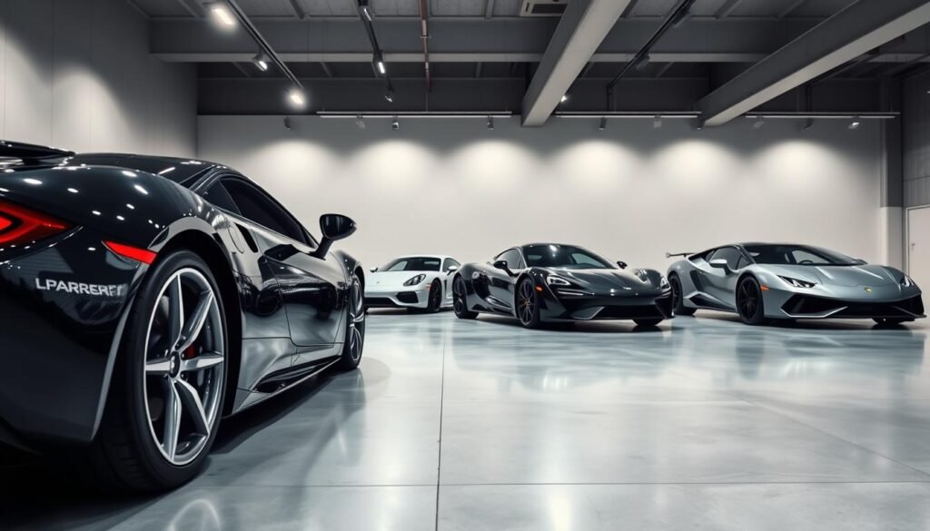 Luxurious sports cars in a sleek, modern showroom. A well-lit, minimalist space with smooth concrete floors and walls, highlighting the elegant, aerodynamic lines of the vehicles. Gleaming chrome accents and deep, lustrous paint colors reflect the overhead lighting, creating an atmosphere of sophistication and exclusivity. In the foreground, a low-angle shot showcases the powerful stance and muscular curves of a premium sedan, drawing the viewer's gaze. In the background, a lineup of high-performance coupes and SUVs stand ready to captivate and inspire. The scene exudes a sense of refined power and opulence, inviting the viewer to discover the pinnacle of automotive design and engineering. Luxurious sports cars in a sleek, modern showroom. A well-lit, minimalist space with smooth concrete floors and walls, highlighting the elegant, aerodynamic lines of the vehicles. Gleaming chrome accents and deep, lustrous paint colors reflect the overhead lighting, creating an atmosphere of sophistication and exclusivity. In the foreground, a low-angle shot showcases the powerful stance and muscular curves of a premium sedan, drawing the viewer's gaze. In the background, a lineup of high-performance coupes and SUVs stand ready to captivate and inspire. The scene exudes a sense of refined power and opulence, inviting the viewer to discover the pinnacle of automotive design and engineering.