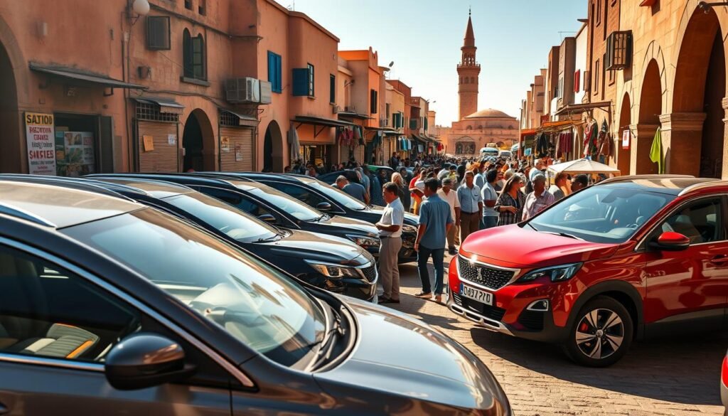 A bustling Moroccan marketplace, showcasing the latest Peugeot models against a backdrop of vibrant stalls, traditional architecture, and a lively crowd. Sunlight filters through the narrow streets, illuminating the sleek, modern lines of the vehicles while contrasting with the weathered facades. In the foreground, potential customers examine the features and amenities, discussing the cars' capabilities and suitability for the Moroccan market. The middle ground is populated by vendors hawking their wares, creating a dynamic and immersive scene. In the distance, the iconic minaret of a nearby mosque towers over the scene, lending a sense of cultural authenticity. The overall atmosphere conveys a melding of modernity and tradition, reflecting the unique position of Peugeot in the Moroccan automotive landscape.