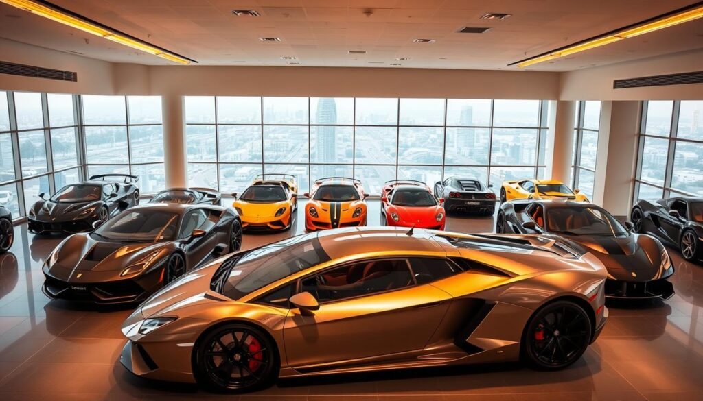 A bustling automotive showroom in Riyadh, Saudi Arabia, showcasing an exclusive collection of luxurious supercars. The interior is bathed in warm, soft lighting, highlighting the sleek, aerodynamic lines of the vehicles. In the foreground, a stunning Lamborghini Aventador commands attention, its metallic paint shimmering under the carefully curated illumination. In the middle ground, a range of high-performance models from other renowned marques, such as Ferrari and Maserati, are strategically displayed, creating a harmonious symphony of power and elegance. The background features the modern, minimalist architecture of the showroom, with large windows offering glimpses of the bustling city beyond, conveying a sense of the affluence and sophistication of the Saudi automotive market.