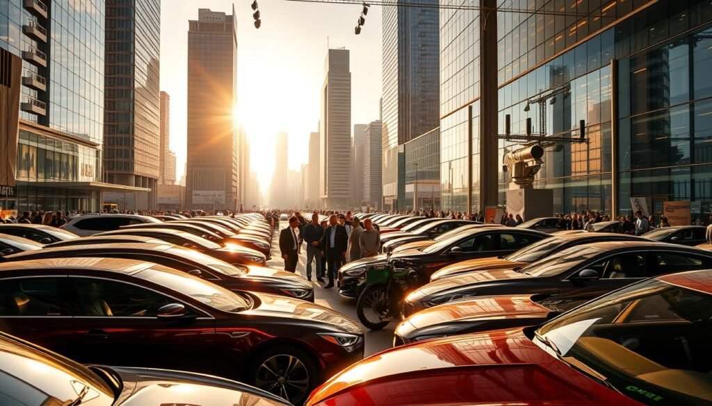 A bustling global car market, showcasing a diverse array of vehicles against a backdrop of towering skyscrapers and vibrant city life. Sunlight filters through the glass facades, casting warm, diffused illumination across the scene. In the foreground, rows of shiny, sleek cars are meticulously arranged, their reflective surfaces catching the urban landscape. In the middle ground, potential buyers examine the vehicles, discussing features and options with attentive salespeople. The atmosphere is one of excitement and anticipation, as the latest automotive innovations are on display for the world to see.