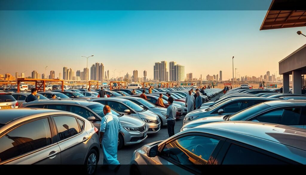 A bustling used car marketplace in Saudi Arabia, with rows of gleaming vehicles under the warm, golden sunlight. Prospective buyers inspecting cars, negotiating prices, and discussing features. The scene exudes an atmosphere of excitement and anticipation, as individuals search for their next reliable and affordable transport. The foreground showcases a variety of sedans, SUVs, and compact cars, while the middle ground features mechanics and sales representatives assisting customers. In the background, a vibrant cityscape with towering skyscrapers and bustling streets sets the stage for this dynamic hub of automotive commerce.