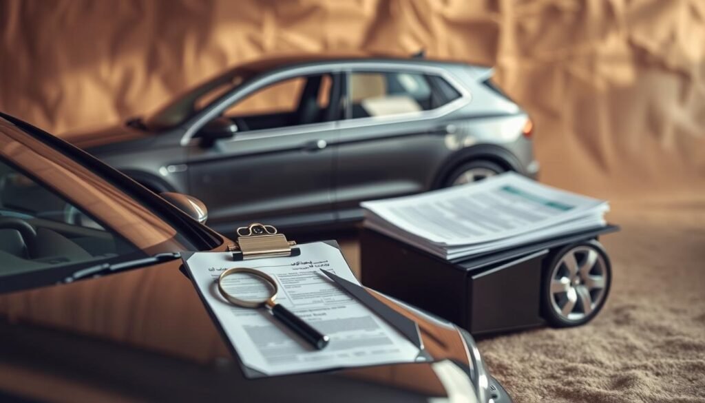 A captivating image of a comprehensive "Guide to Buying Used Cars" in Saudi Arabia. Set against a warm, textured background, the foreground features a meticulously detailed used car, its gleaming exterior and well-maintained interior inviting closer inspection. In the middle ground, a refined still-life arrangement showcases the essential tools and documents needed for a successful used car purchase, such as a magnifying glass, a clipboard, and a folder of paperwork. The lighting is soft and natural, casting subtle shadows that add depth and dimension to the scene. The overall mood is one of thoughtful contemplation, guiding the viewer through the nuances of making an informed and confident used car acquisition.