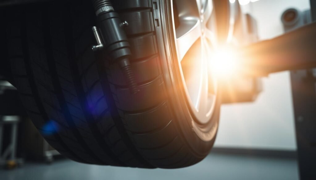 A detailed close-up view of a car tire undergoing tire balancing or tire rotation service. The tire is lifted off the ground, revealing the intricate mechanisms and tools used by a skilled mechanic to precisely align the tire and wheel assembly for optimal performance and safety. The lighting is bright and directional, casting dramatic shadows that highlight the textured rubber of the tire tread and the metallic components of the suspension system. The composition places the tire at the center, with a clean, uncluttered background that allows the technical details to be the focal point. The overall mood conveys a sense of precision, professionalism, and the importance of proper tire maintenance for a vehicle's handling, ride quality, and road safety.