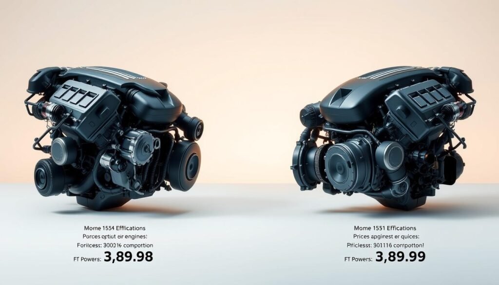 A detailed comparison of two car engines, showcasing their technical specifications and relative value proposition. Prominently displayed are the engine components, their power output, fuel efficiency, and pricing information. The scene is set against a clean, minimalist background with subtle gradients to highlight the key elements. Soft, directional lighting illuminates the engines from an angle, creating depth and emphasizing their intricate details. The overall mood is informative and analytical, inviting the viewer to assess the practical merits of each option.