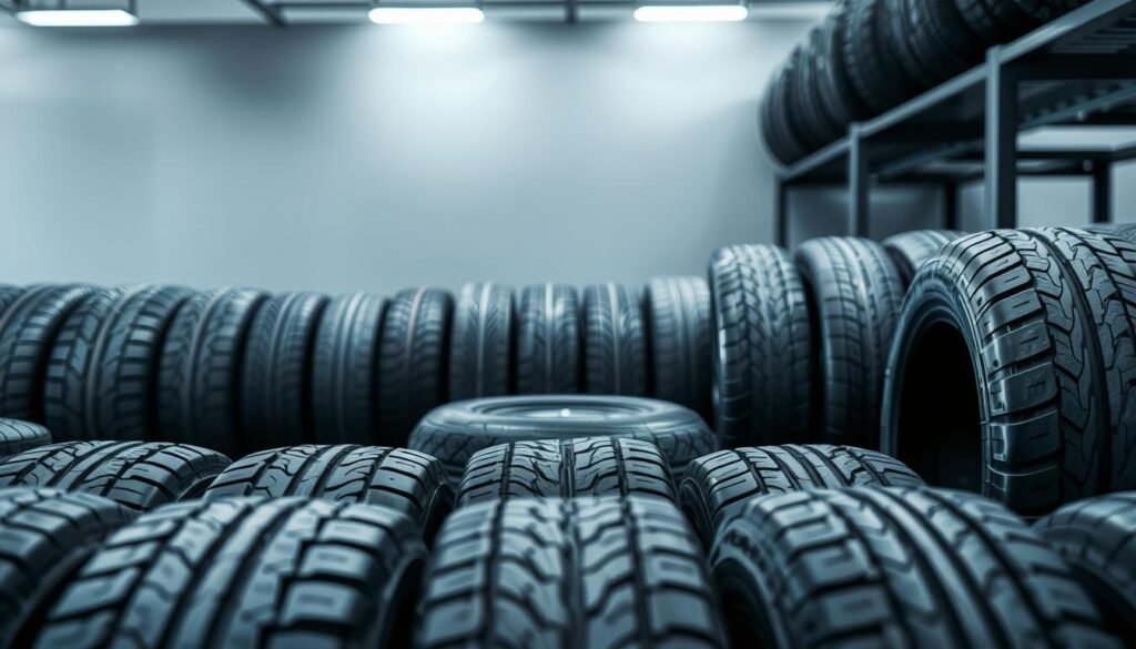 A detailed, high-quality image of various car tires arranged in a neat, well-lit display. The foreground showcases an assortment of different tire treads, sizes, and patterns, each one sharply in focus and showcasing its unique features. The middle ground features a clean, modern backdrop, perhaps a sleek gray or white surface, highlighting the tires. The background subtly blurs out, creating a sense of depth and emphasis on the tires themselves. The lighting is soft and evenly distributed, creating a professional, showroom-like atmosphere. The overall composition is balanced and visually appealing, drawing the viewer's attention to the key subject of car tires.
