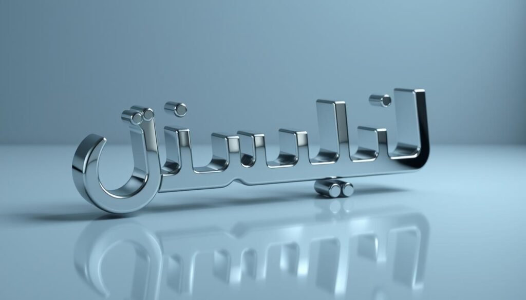 A detailed, high-resolution image of the Arabic word "حالة" presented as a three-dimensional object with a metallic, chrome-like finish. The word appears to be floating in a minimalist, reflective environment with a soft, muted color palette, such as shades of gray, blue, or silver. The lighting is subtle and directional, creating gentle highlights and shadows that accentuate the dimensional quality of the word. The camera angle is slightly elevated, giving the viewer a slightly bird's-eye perspective of the scene. The overall mood is sleek, modern, and sophisticated, reflecting the high-end nature of the "سيارة دودج" topic.