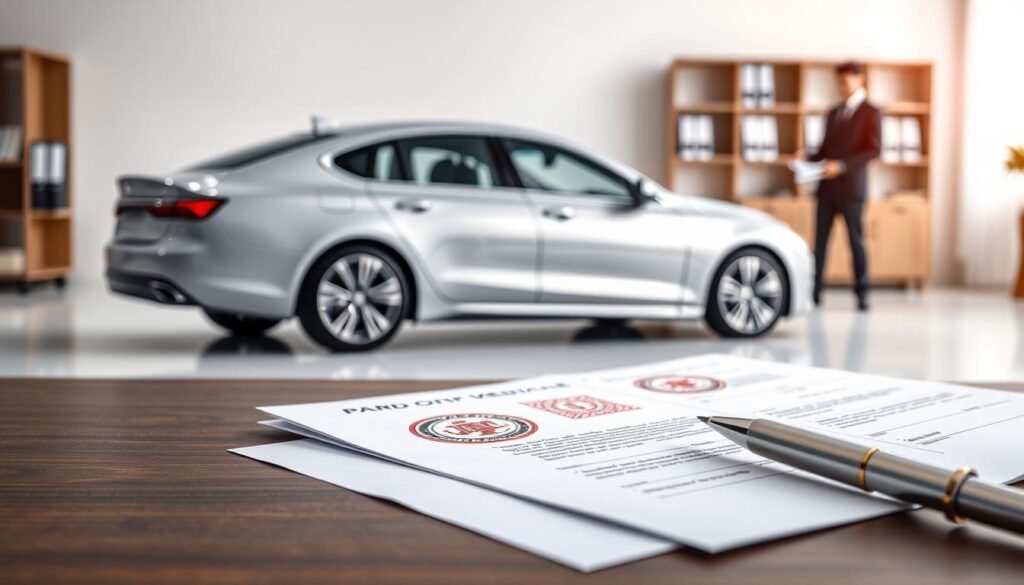 A detailed illustration of the process of vehicle ownership transfer in Saudi Arabia. A mid-shot showcases the central focus - a modern sedan car set against a clean, minimalist background. The car is shown from a slight angle, emphasizing its sleek, contemporary design. The foreground is dominated by official-looking documents, stamps, and a pen, hinting at the administrative aspects of the ownership transfer. The middle ground features a government official or clerk, dressed in formal attire, processing the paperwork. The background is slightly blurred, but suggests an organized office environment, with shelves and filing cabinets visible. The overall mood is one of efficiency, professionalism, and the seamless facilitation of the vehicle ownership transfer process.