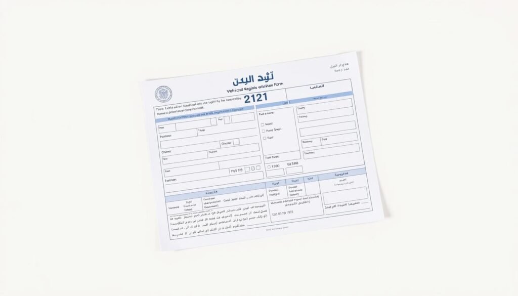 A detailed, official-looking vehicle registration form titled "استمارة السيارة" on a clean, off-white background. The form has well-organized sections and fields for entering information about the vehicle, owner, and other relevant details. The layout is professional and minimalist, with a subtle blue or grey color scheme. The form is positioned in the center of the frame, with ample negative space around it to create a sense of importance and gravity. The lighting is soft and diffused, with a slight shadow underneath the form to give it depth and dimension. The overall mood is serious and authoritative, conveying the importance of the document.