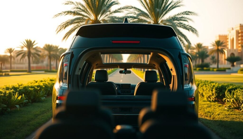 A family-friendly Saudi Arabian car selection, showcasing a sleek and modern Kia SUV parked in a lush, verdant landscape. The vehicle is illuminated by warm, natural lighting, casting subtle shadows and highlighting its elegant lines. In the foreground, the car's interior is visible, with comfortable seating and ample space for family members and their belongings. The middle ground features a well-maintained road leading to the car, framed by tall palm trees and lush vegetation, creating a serene and inviting atmosphere. The background showcases the distinctive Saudi Arabian architecture, with a subtle nod to the country's cultural heritage. The overall composition conveys a sense of practicality, comfort, and harmony, perfectly suited for a family-oriented vehicle in the Kingdom.