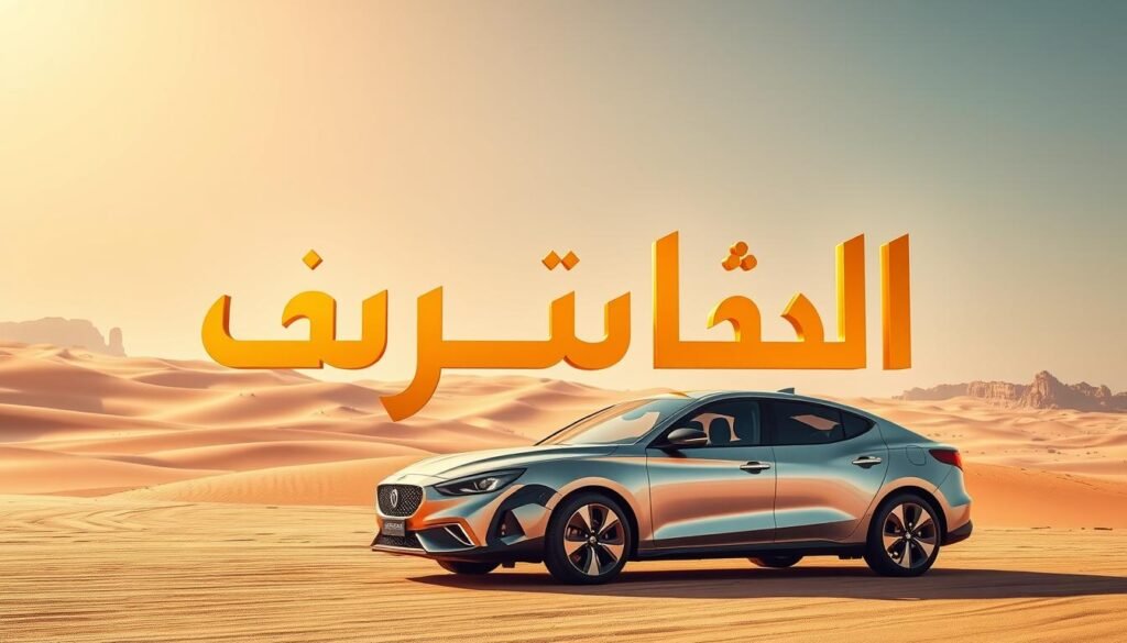 A grand, modern Arabic calligraphic rendering of the word "تجربة" (transliteration: tajribah, meaning "experience") against a backdrop of a sleek, luxurious MG car model in a Saudi Arabian desert setting. The calligraphy should be prominent, elegantly stylized, and cast in warm golden hues that catch the intense desert sunlight. The car should be positioned in the foreground, showcasing its dynamic, aerodynamic silhouette and bold, expressive design details. The desert landscape in the background should feature undulating dunes, distant rock formations, and a vibrant, hazy sky, creating a sense of expansive, awe-inspiring scale and atmosphere. A grand, modern Arabic calligraphic rendering of the word "تجربة" (transliteration: tajribah, meaning "experience") against a backdrop of a sleek, luxurious MG car model in a Saudi Arabian desert setting. The calligraphy should be prominent, elegantly stylized, and cast in warm golden hues that catch the intense desert sunlight. The car should be positioned in the foreground, showcasing its dynamic, aerodynamic silhouette and bold, expressive design details. The desert landscape in the background should feature undulating dunes, distant rock formations, and a vibrant, hazy sky, creating a sense of expansive, awe-inspiring scale and atmosphere.