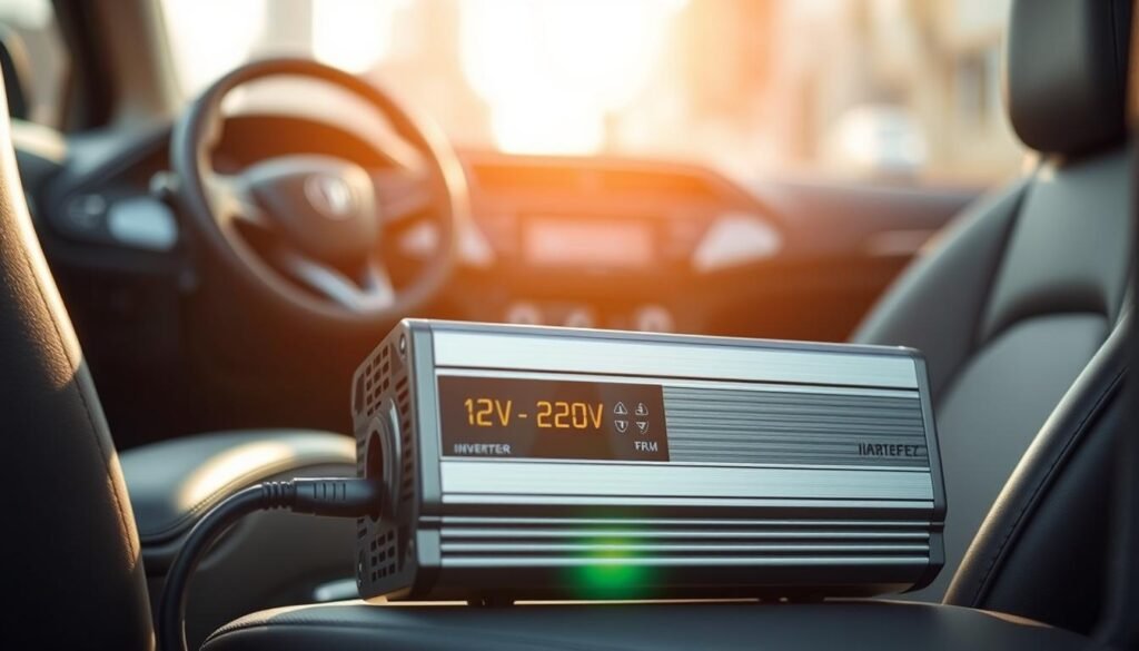 A high-quality, modern-looking power inverter for a car, positioned prominently in the foreground. The inverter has a sleek, metallic housing and displays clear indicators of its 12V to 220V conversion capability. The background shows the interior of a car, with the inverter neatly integrated and accessible to the driver. Warm, natural lighting illuminates the scene, creating a sense of functionality and reliability. The overall composition conveys the convenience and trustworthiness of the power conversion solution for on-the-go use. A high-quality, modern-looking power inverter for a car, positioned prominently in the foreground. The inverter has a sleek, metallic housing and displays clear indicators of its 12V to 220V conversion capability. The background shows the interior of a car, with the inverter neatly integrated and accessible to the driver. Warm, natural lighting illuminates the scene, creating a sense of functionality and reliability. The overall composition conveys the convenience and trustworthiness of the power conversion solution for on-the-go use.